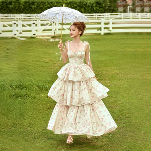 Abito lungo floreale da donna con spalline sottili e gonna a strati, ideale <span class=keywords><strong>per</strong></span> serate di gala e invitati a matrimoni - Product Image 2