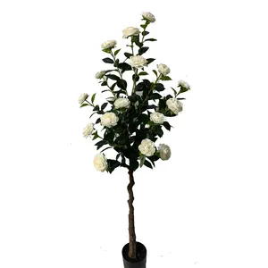 KD4822 Potted Bonsai Tree Artificial Flower Plants Home Decor White/Red/Pink Camellia