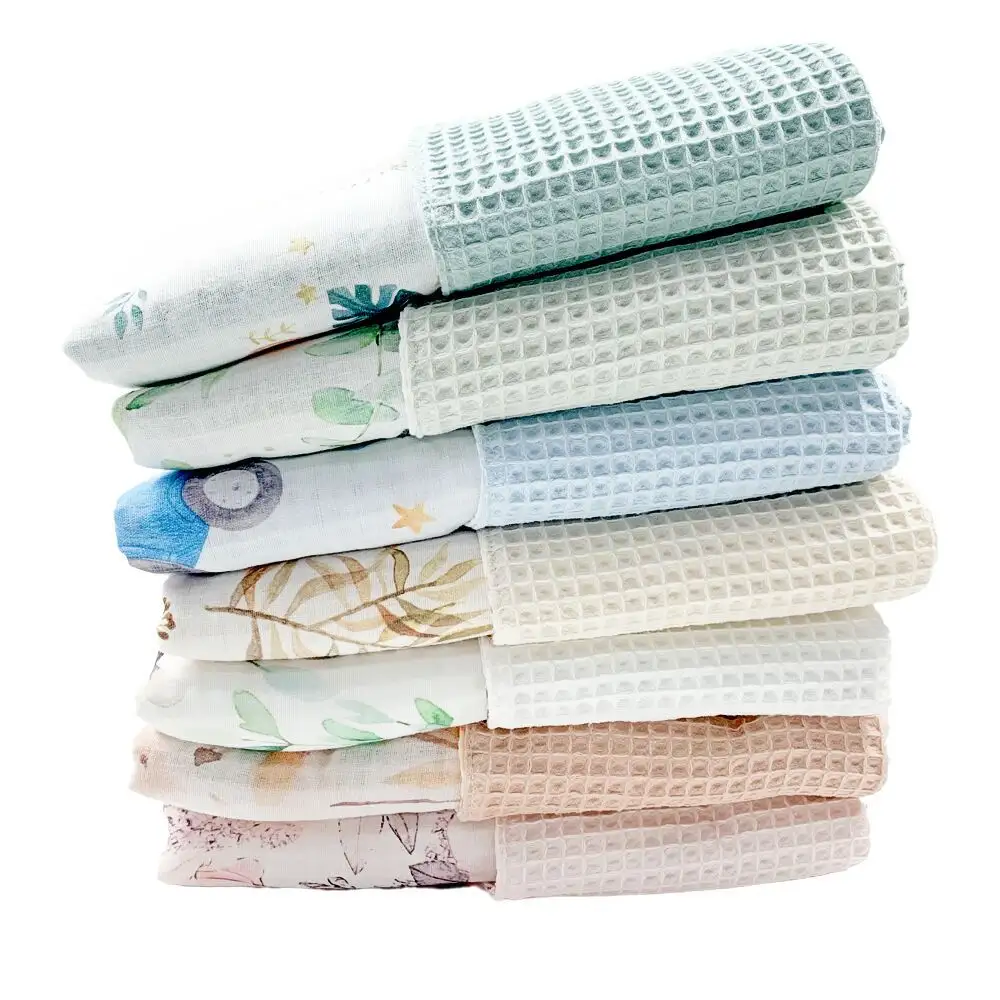 Double Layers Bamboo Cotton Baby Muslin Swaddle Blanket with Waffle Fabric Plaid Towel for Newborn Wrap Shower Gift