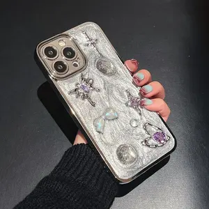 Casing ponsel lapis perak salib hati cinta 3D, casing penutup tahan guncangan lunak untuk iPhone 15 14 13 12 11 Pro XS Max XR X