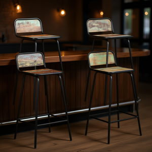 Ensemble de 4 chaises de bar multicolores, style industriel, siège en bois, structure en métal, finition antique, mobilier commercial - Product Image 2