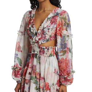 2026 nouveautés dame élégant évider imprimé fleuri plissé volants manches longues bouffantes a-ligne Floral Mini robe - Product Image 4