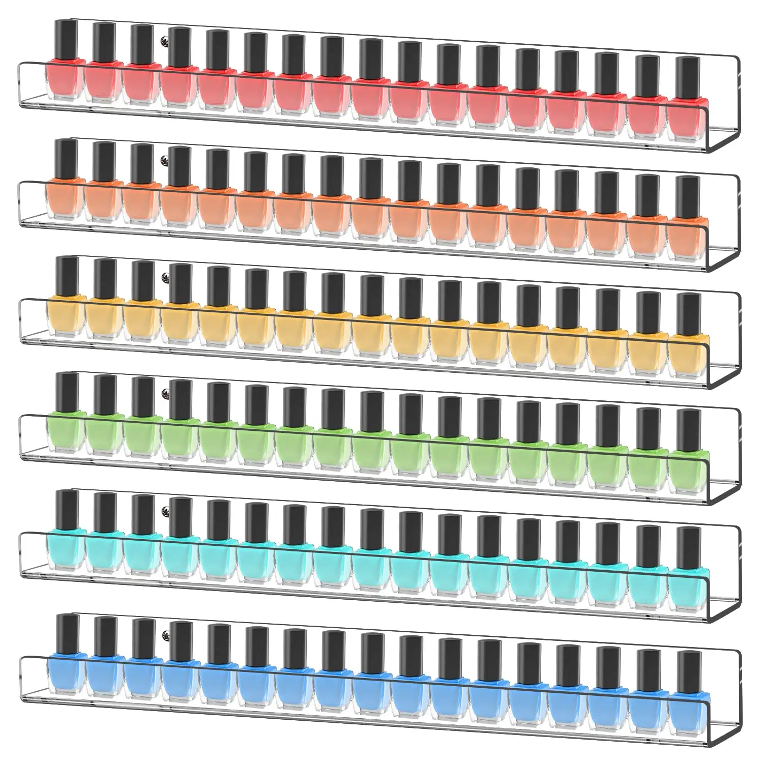 Paquete de 6 estantes para esmaltes de uñas, 15 "acrílico esmalte de uñas organizador montado en la pared muestra 90 botellas, estantería de pared flotante transparente para niños
