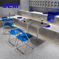 Meubles de restaurant, table en acier inoxydable, chaise pliante en acrylique transparent renforcé, combinaison table et chaise pour usage commercial