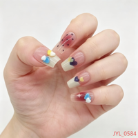 Faux ongles à presser en ABS pré-dessinés, motif cœurs de dessin animé et pois, style Ins, forme cercueil, pour femmes, faciles à appliquer