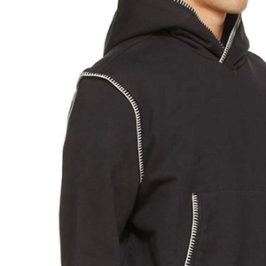 Tinh Khiết Bông Người Đàn Ông Hoodies Áo Thun Pháp Terry Tương Phản Khâu Trong Trắng Sườn Còng Hem Tùy Chỉnh Mens Hoodies Đen - Product Image 5