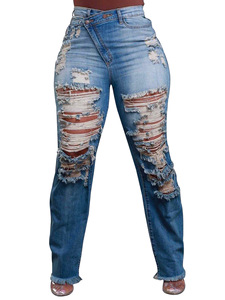 Jeans Ajustados Elásticos con Corte Deshilachado para <span class=keywords><strong>Mujer</strong></span>, Jeans de Mezclilla de Pierna Recta a la Moda, Jeans Desgastados con Flecos, Primavera 2025 - Product Image 3