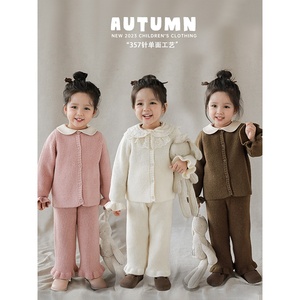2023 Herbst Neuankömmling Wolle Gestrickt Rosa Schwarz Beige Baby Mädchen Strickhose Großhandel Kinder Mädchen Strickjacke Pullover Set - Product Image 2