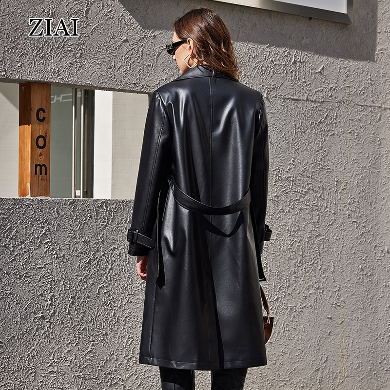 Women's Slim Pu Leather Coat - Long Trench Coats with Belt