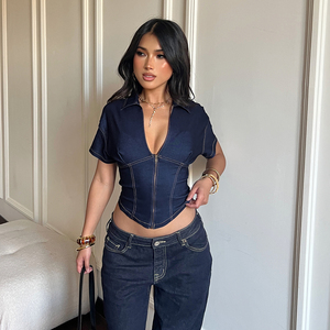 Camisa de Mujer con Cuello en V, Estilo Denim, Manga Corta, Corte Ajustado, Estilo Y2K, Blusa Informal con Aspecto de Denim para Mujer - Product Image 6