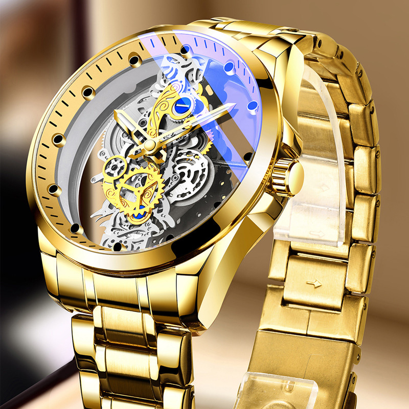 New Brand Luxury Men Gold Skeleton Automatic Quartz Wrist Watches