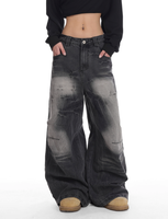 Jean en denim foncé coupe droite ample style rétro américain, marque streetwear vintage, taille mi-haute décontractée pour femme, idéal pour l'été