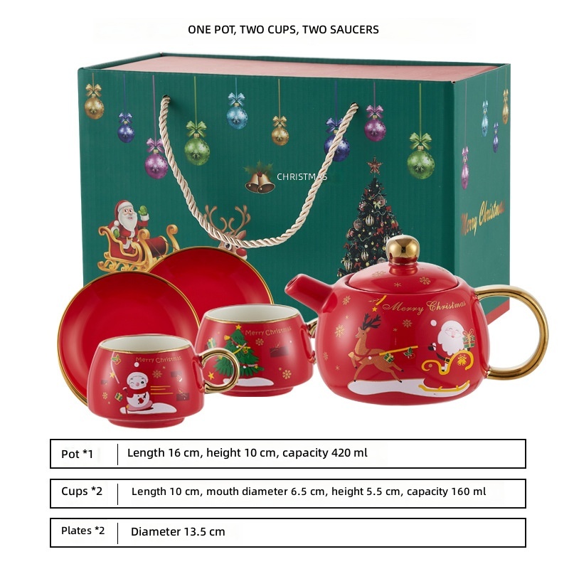 Bright red: one pot, two cups, two plates, gilded version