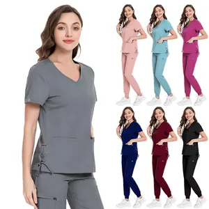 Hot Selling New Style OEM Short Sleeve Maroon Ceil Blue Color Scrub Suit For Women Nursing Jogger Pants Set
