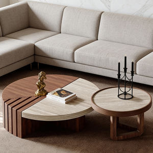 스톤 탑 우드 베니어 스트라이프 디자인 포스트모던 중국풍 투톤 커피 테이블 세트 낮은 테이블 가구 - Product Image 1