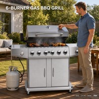 Barbecue à gaz extérieur 6 brûleurs en acier inoxydable avec rôtissoire, minuteur, thermomètre et brûleur latéral en fonte