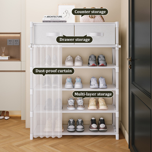 Meuble à chaussures amélioré, gain de place, avec 2 tiroirs et rideaux, organisateur de rangement multi-niveaux détachable pour entrée et chambre - Product Image 5