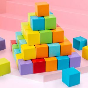 Cubes Counting Square Colorful Wooden <b>Building</b> <b>Blocks</b> Stacking Game - Product Image 2