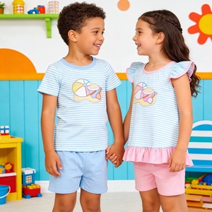 GSSO3109 rts Conjunto de ropa para niña pequeña con bordado de pelota de playa a rayas azules, conjunto de manga voladora al por mayor para niñas - Product Image 6