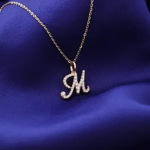 American popular jewelry 14k solid gold melee moissanite diamond paved initial letter pendant necklace for girls