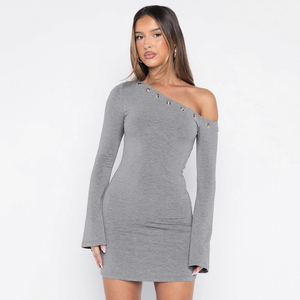 Vestido Mini Lápiz Y2K Asimétrico de Manga Larga con Ojales Metálicos Negros, Sexy y Atrevido, con Botones en la Cintura Natural, Ecológico para Uso Diario - Product Image 5