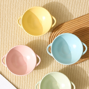 Livraison gratuite, résistant aux hautes températures, bol à nouilles instantanées de style japonais, saladier à double anse couleur crème sous glaçure - Product Image 3