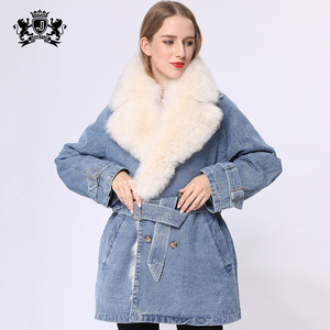 Janefur Hot Sale <strong>Women</strong> Winter Parka Style Warm Real Fur Lined Coat Fashion <strong>Denim</strong> <strong>Jacket</strong> With Fur - Product Image 4