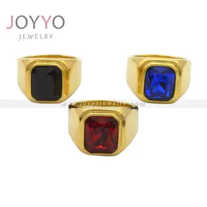 Solid Gold Stainless Stainless Square Red Blue Black Stone Ring for Men