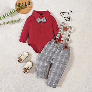 Ensemble de vêtements pour bébé garçon, confection exquise, comprenant un body à manches longues et col, une nœud papillon et un pantalon à bretelles à carreaux, idéal pour les anniversaires et les occasions formelles - Product Image 2