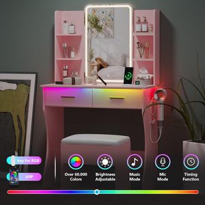 Small Modern Design Wood <strong>Vanity</strong> Desk Mirror with LED <strong>Lights</strong> Adjustable Lighting 2 Drawers Compact Dressing <strong>Table</strong> for Women - Product Image 6