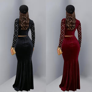 Yüksek Kaliteli Kadın 2 Parça Etek Takımı Taşlı Kadife Kıyafetler Uzun Kollu Üstler ve Midi Etek Kadın Parti ve Abiye Elbise - Product Image 2
