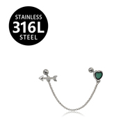 HGC 316L Piercing d'oreille en forme d'anneau avec chaîne simple, motif flèche barbell basique et cœur vert, pour cartilage et hélix