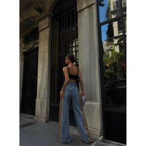 Pantalones de Mezclilla con Parches de Cuero de Cintura Alta para Mujer, Transpirables y Ligeros, Color Beige, Talla XL, para Oficina - Product Image 1