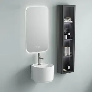 CaCa Freestanding Small Size Oval Wall Hung Mount Ceramic Bathroom Sink Hang Basin With Smart Mirror And Cabinet