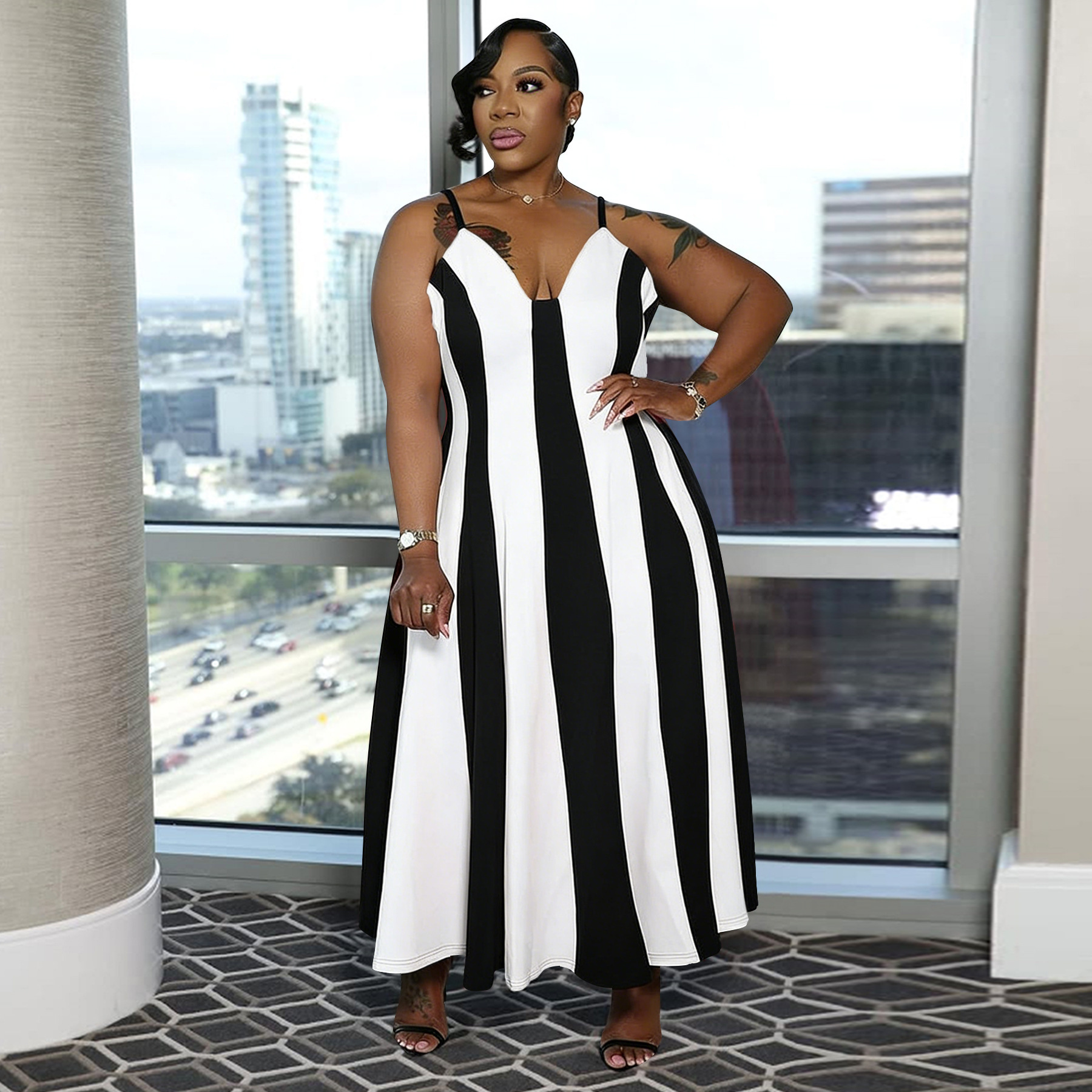 black and white striped maxi dress plus size Oversized Polyester Dresses 4xl Fashion Spaghetti Strap Summer Ladies Oversized Sleeveless Dress or relaxed outings egl Emerald Green Crisscross Straps Personalization:Yes