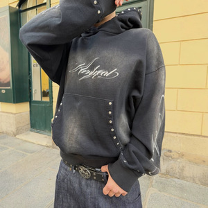 Unisex Black Hooded <b>Sweatshirt</b> Acid Wash Rhinestone Eco-Friendly <b>Vintage</b> Streetwear Style Oversized Fit Regular Sleeve Knitted - Product Image 1