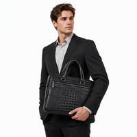 Sac d'affaires en cuir de vache véritable 15,6 pouces, sacoche d'ordinateur portable en cuir imprimé crocodile noir pour le bureau