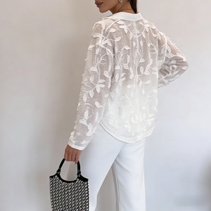 Custom <strong>White</strong> Embroidered <strong>Sheer</strong> Blouse Floral Pattern V Neck Long Sleeve Button Down Shirt Women's Fashion <strong>Top</strong> for Women - Product Image 3