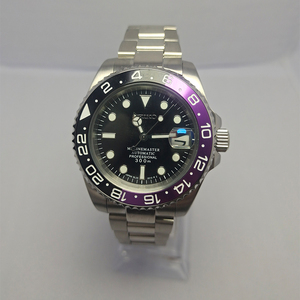 Montre de plongée automatique mécanique de luxe pour hommes, de qualité supérieure, en acier inoxydable, avec cadran noir et violet, étanche 5 bars - Product Image 1