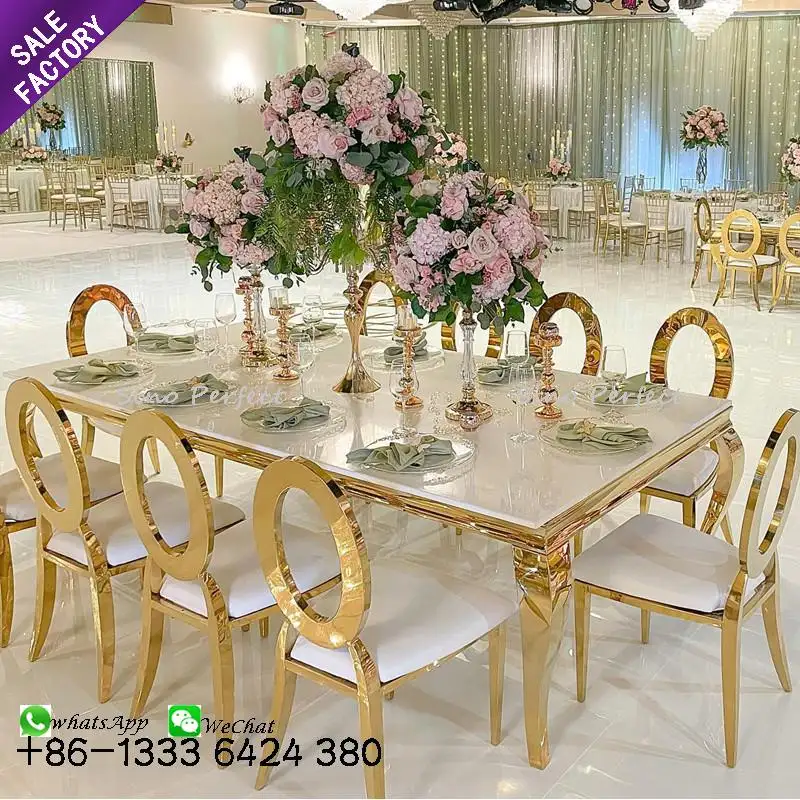 High Quality Luxury Rectangle Stainless Steel Gold Leg Glass Table Dining Table Set Deco For Wedding Used