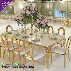 Mesa de comedor de mesa de cristal con patas doradas de acero inoxidable rectangular de lujo de alta calidad, juego decorativo para boda usado