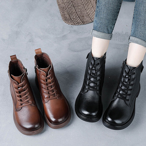 Nouveau rétro peau de vache hiver <span class=keywords><strong>talon</strong></span> bas Martin bottes en <span class=keywords><strong>cuir</strong></span> véritable Style britannique bottes courtes pour les femmes - Product Image 3