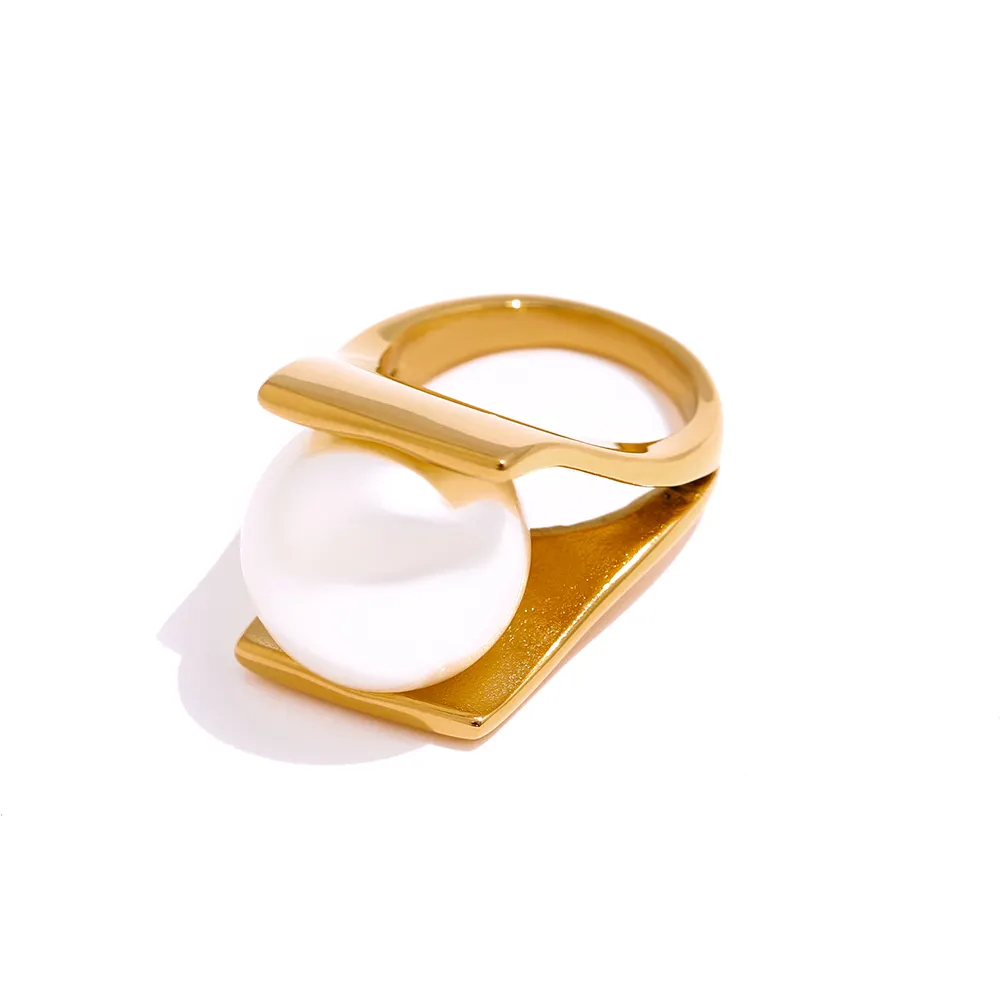 JINYOU 645 Elegant Simulated Pearls 18K Gold Plated Ring for Women New Stainless Steel Ring