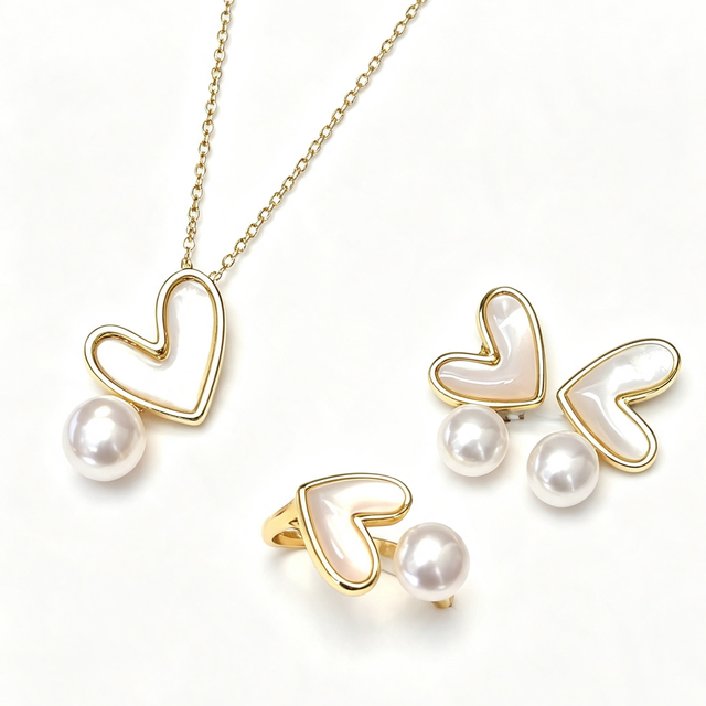 Valentine's Day Heart Jewelry 3 Piece Set Necklace Earrings Ring Cultured Freshwater Pearls Natural Shell Inlay Gold Plated Gift
