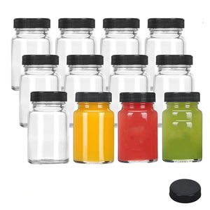 Chai thủy tinh <span class=keywords><strong>mini</strong></span> 2 oz có nắp đen, lọ nhỏ trong suốt dùng đựng gừng, shot sức khỏe, nước ép, miệng rộng, chống rò rỉ - Product Image 1