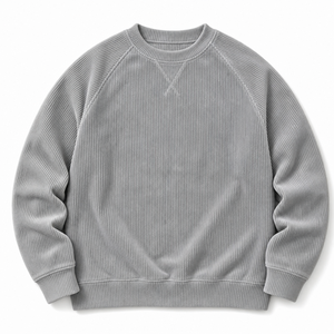 Heavyweight Corduroy Sweatshirt <strong>Men</strong> Ribbed Knit Texture Crewneck Pullover Vintage <strong>V</strong> Notch Raglan Sleeve Loose Casual Streetwear - Product Image 1