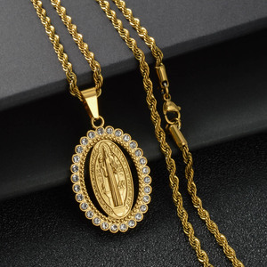 Collar con Colgante de Cuerda Trenzada de Acero Inoxidable con Baño de Oro de 18K, Antideslustre, Unisex, con Zirconia Ovalada y Virgen María, Venta al por Mayor - Product Image 5
