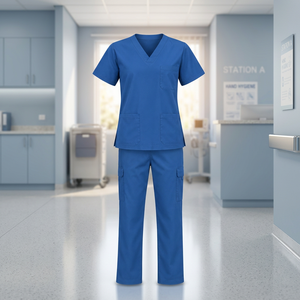 <b>Women</b> Blue V-Neck <b>Scrub</b> <b>Set</b> With Pockets Hospital Uniforms Cotton Polyester Woven Fabric - Product Image 4
