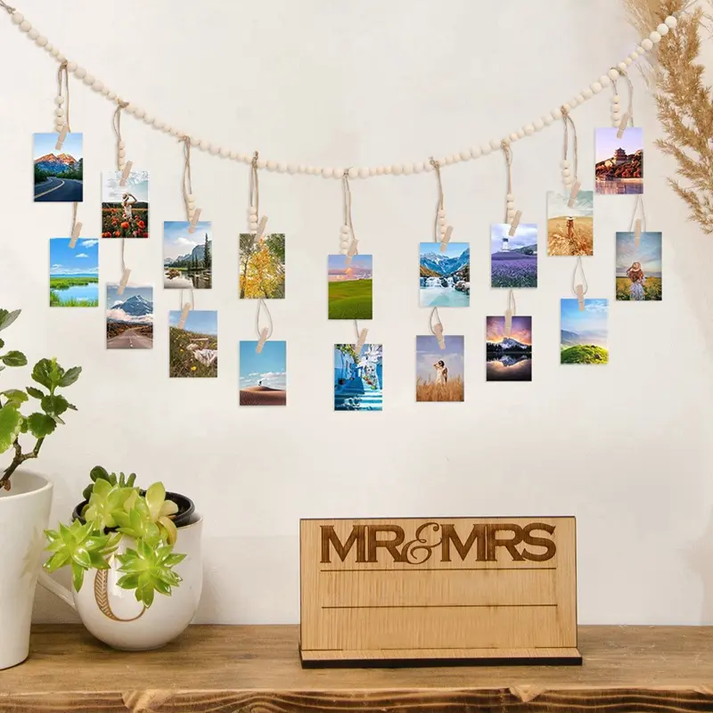 Exhibición de fotos para colgar en la pared con guirnalda de cuentas de madera, juego de marco de fotos DIY con 18 Clips de madera para decoración rústica del hogar