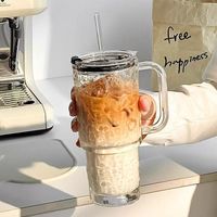 Novel 500ml Glacier Pattern Glass Handle Water Cup avec couvercle et paille Convient pour le café, le lait, le jus, le thé, le milkshake, la bière